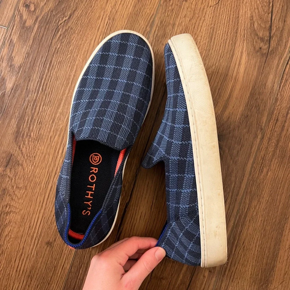 Rothys The Sneaker‎ Navy Windowpane Blue Plaid Slip On Shoes Size 8.5